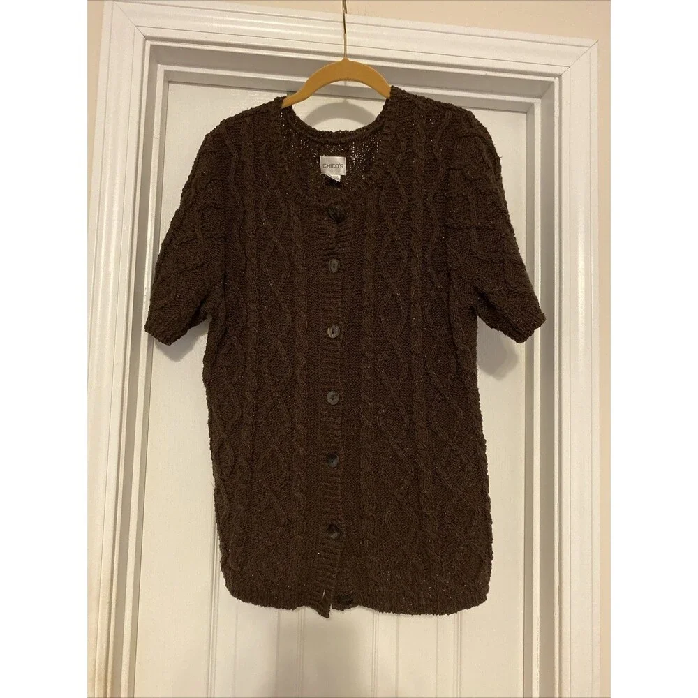 Womens Chico's Short sleeve Cardigan Brown size 2 As is - Picture 1 of 4